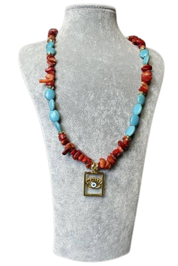 Uretti - Özlem 9422 6428 El Yapımı Turkuaz ve Mercan Doğal Taş Kolye - Image 1