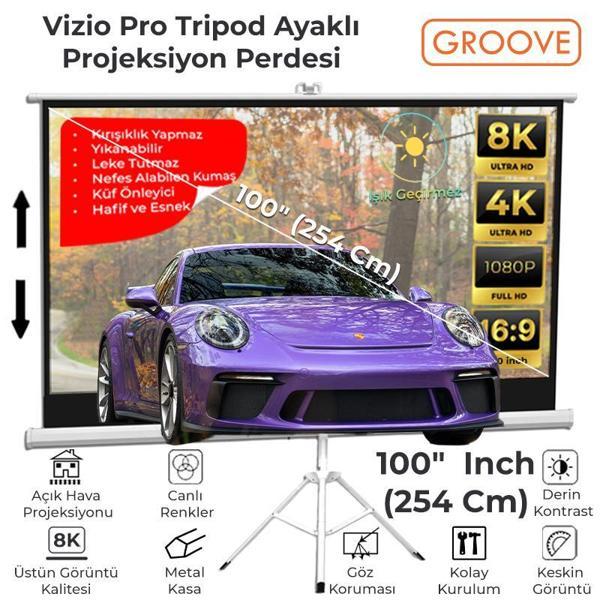 Groove Vizio Pro 100¨Inch 220x125cm Blackout Işık Geçirmez Tripod Ayaklı Projeksiyon Perdesi +Taşınabilir - Image 1