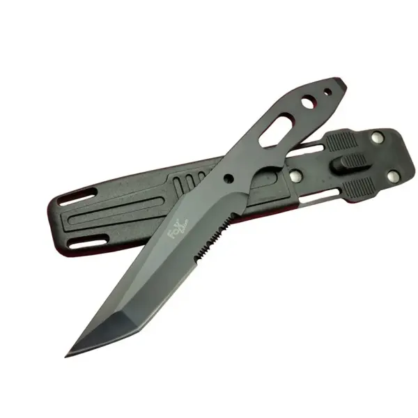 Fox A13 Siyah, Testereli Outdoor Kamp Bıçak 22 cm - Komple Metal, Kılıflı - Image 1