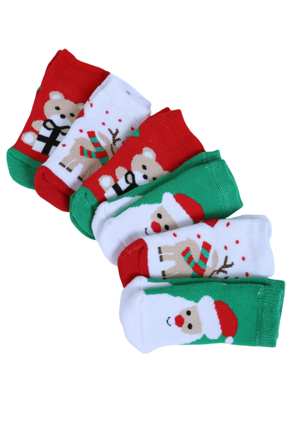 Pamuklu 6'lı Yılbaşı Noel Baba Kışlık Havlu Yenidoğan Bebek Çorap - Image 1