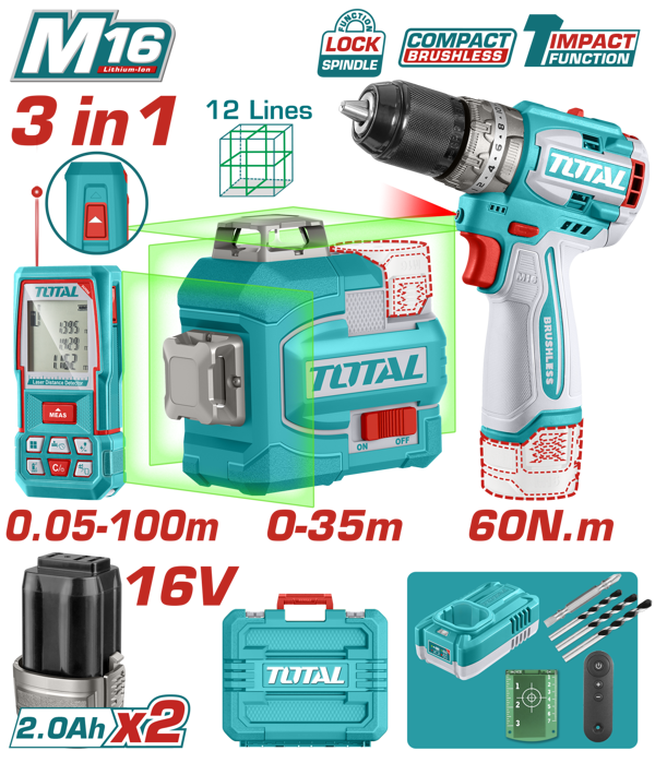 TOTAL AVANTAJ SET - 16V DARBELİ MATKAP, 16V 100M LAZER METRE TOSLI250101E - Image 1