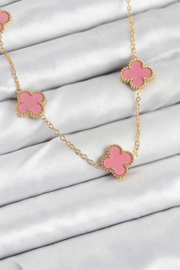 316L Çelik Zincir Gold Pembe Renk Yonca Kadın Kolye - Image 1