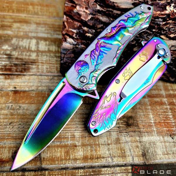 AlsepeteAvm Gökkuşağı Kurt Desenli Otomatik Kamp Çakısı - Image 1