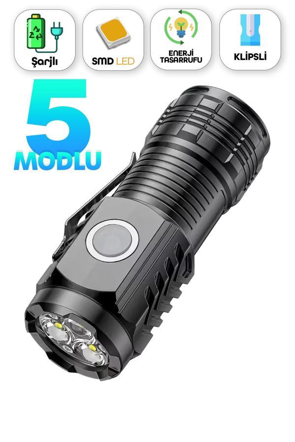 5 Modlu Şarjlı Klipsli Mıknatıslı El Feneri Mini 3 COB LED Lamba Acil Durum Işığı 8433 - Image 1