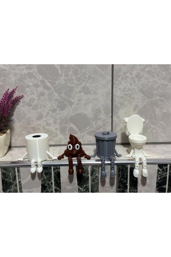 4'lü Eğlenceli Banyo Dekoratif Figür Seti /Tuvalet Kağıdı, Kaka Emojisi, Çöp Kovası, Klozet Aksesua - Image 1