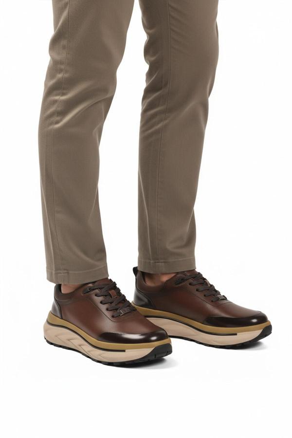 Kahve Hakiki Deri Bağcıklı Erkek Sneaker 152-22390 M - Image 1