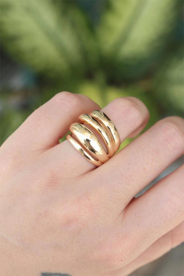 Pirinç Gold Renk Ayarlanabilir Tırtıklı Bombe Yüzük - Image 1