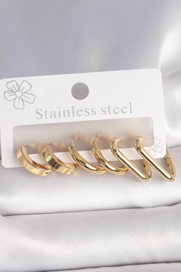 316L Çelik Gold Renk Üçgen Halka Model Kadın Küpe Seti - Image 1