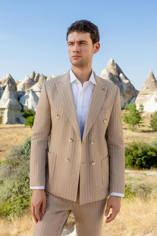  Erkek Vizon Kruvaze Slim Fit Torba Cep Sivri Yaka Spor Ceket - Image 1