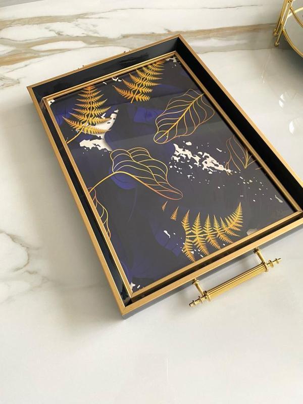 Desenli Çay Tepsisi ,lüx Çay Tepsisi,sunum Tepsisi Palmiye - Image 1