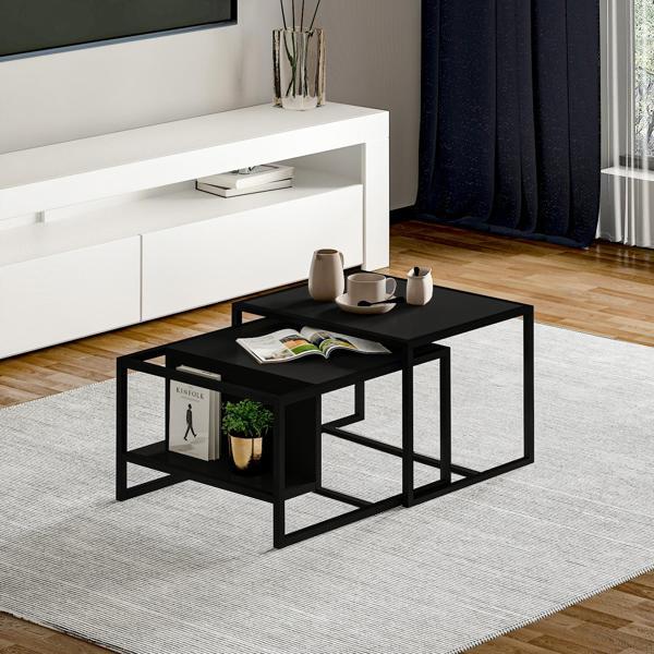 Batı 2’li Modern Orta Sehpa Takımı – Metal Ayaklı, Alt Raflı - Image 1