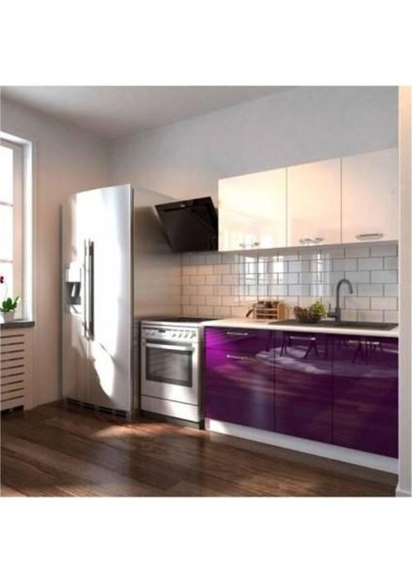 Tdesigno Hale Hazır Mutfak Dolabı - 140 cm - Parlak Mürdüm Ve Beyaz – Tezgah Dahil - Image 1