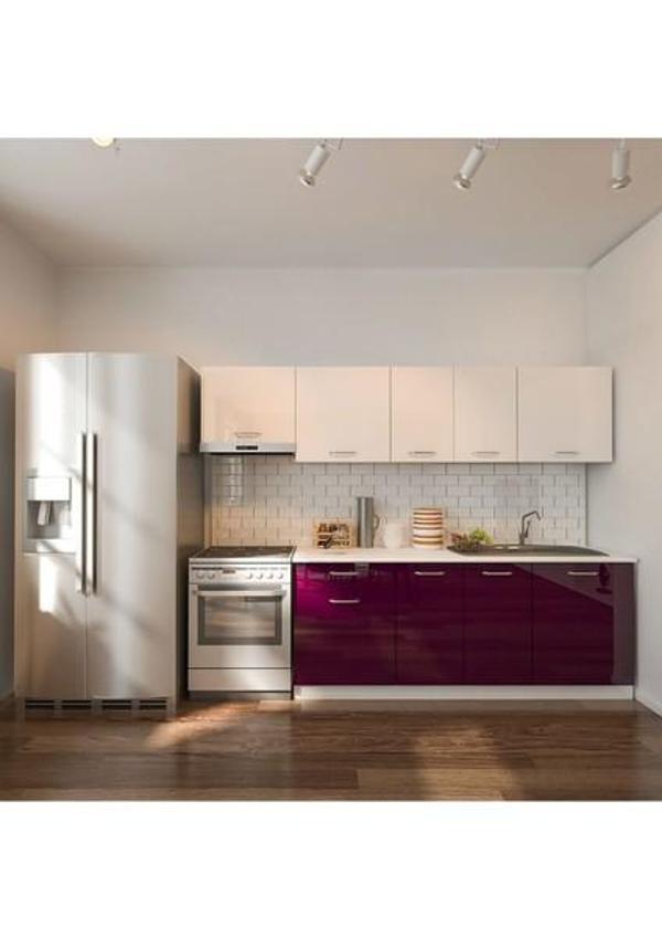 Tdesigno Nisan Hazır Mutfak Dolabı 260 Cm - Parlak Mürdüm Ve Beyaz - Tezgah Dahil - Image 1