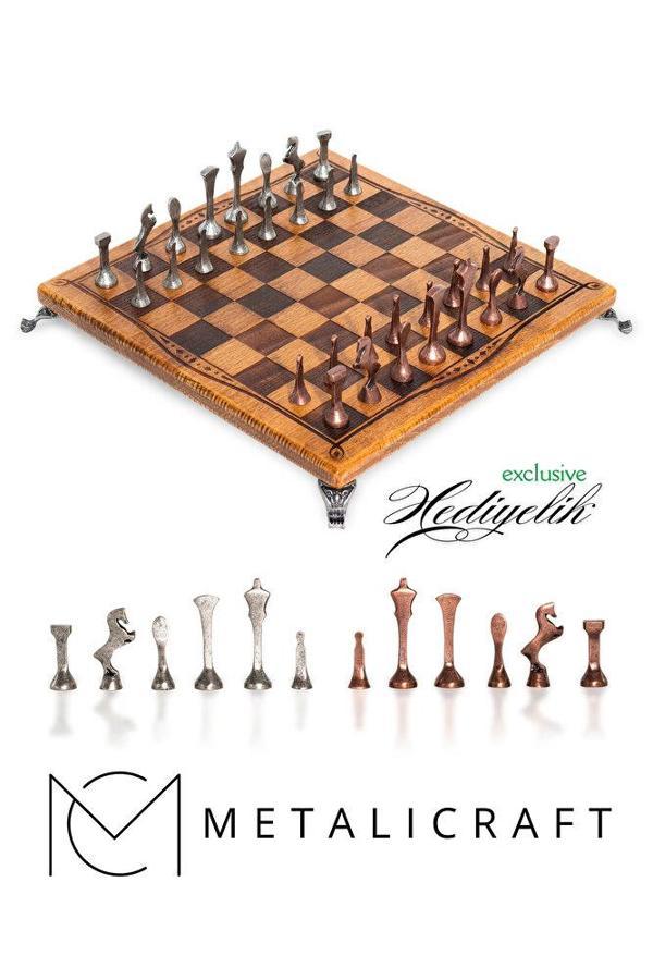 MC55 Metal Satranç Takımı | Gerçek Kayın Ağacı Satranç Tahtası - 30x30cm | Antik Taşlar - Image 1