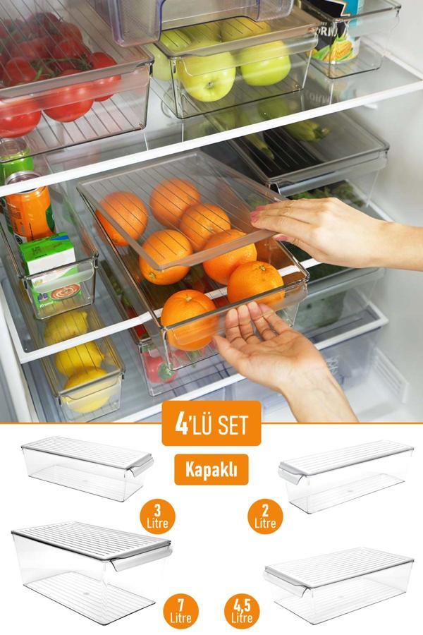 İronika Kapaklı Buzdolabı Düzenleyici Meyve Sebze Saklama Kabı Organizer 4'lü Set 7 L - 4,5 L - 3 L - 2 L - Image 1