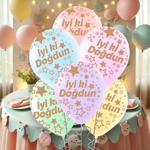 Çepeçevre Yıldızlı İyi ki Doğdun Baskılı Karışık Renk Makaron Balon 11" - Image 1