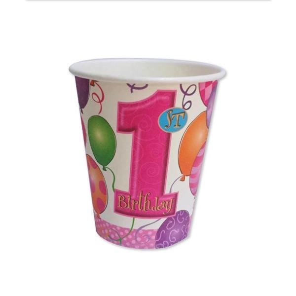Balonlar 1 Yaş Pembe Karton Bardak - Image 1