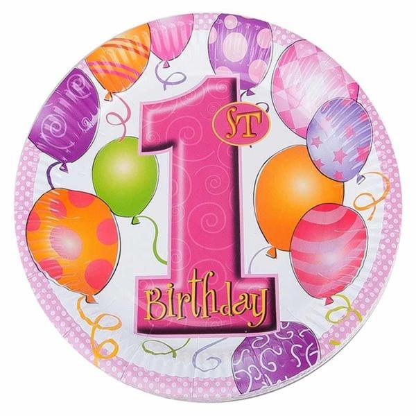 Balonlar 1 Yaş Pembe Karton Tabak - Image 1