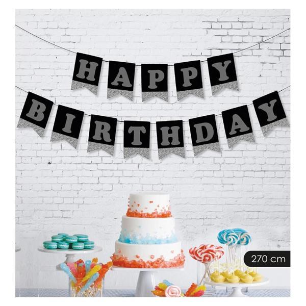 Happy Birthday Siyah Zemin Gümüş Harf Afiş - Image 1