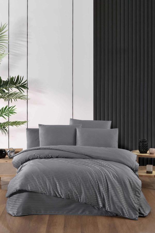 Stripe Saten Line Çift Kişilik Nevresim Takımı Antrasit - Image 1