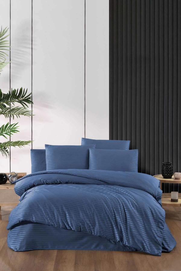 Stripe Saten Line Çift Kişilik Nevresim Takımı  İndigo - Image 1