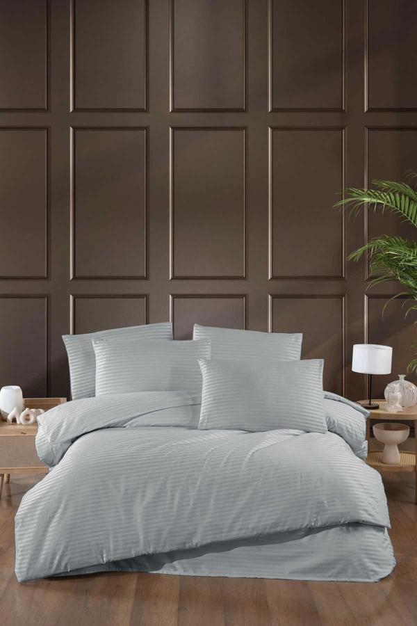 Stripe Saten Line Çift Kişilik Nevresim Takımı Gri - Image 1