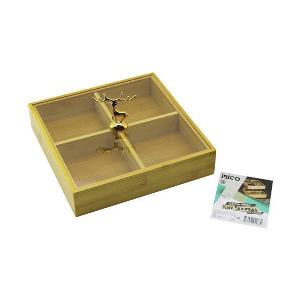 KARE 4 BÖLMELİ=2IN1=BÖLMESİZ ÇOK AMAÇLI KUTU AHŞAP BAMBU SERVİS SUNUM TEPSİ - TAHTASI 22X22X5CM (5060) - Image 1