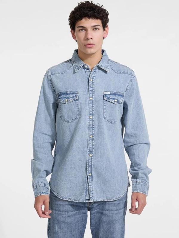 Guess Gj Slim Ls Erkek Mavi Regular Fit Denim Gömlek M5RH55D5M82-GJER - Image 1