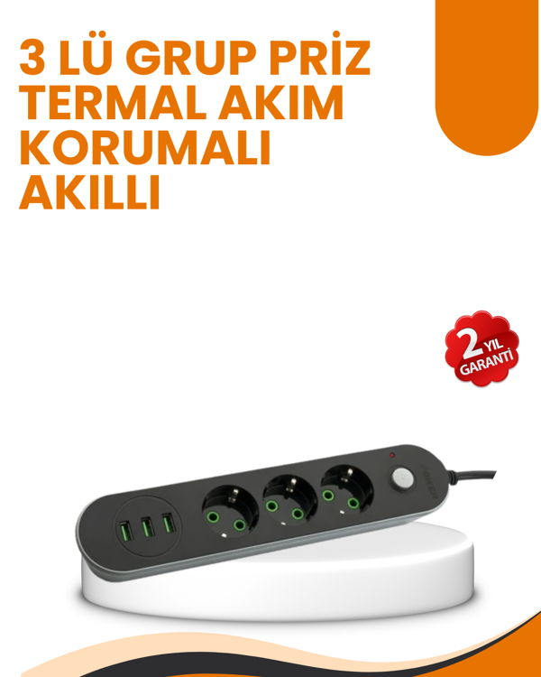 2 Metre Kablolu 3 USB Portlu Anahtarlı Üçlü Priz - Image 1