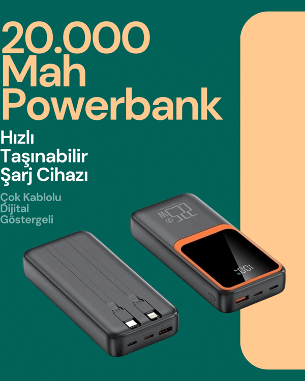 Taşınabilir Şarj Cihazı 20000 mAh | 22.5W Hızlı Şarj + Dijital Ekran + Kablo Dahil - Image 1