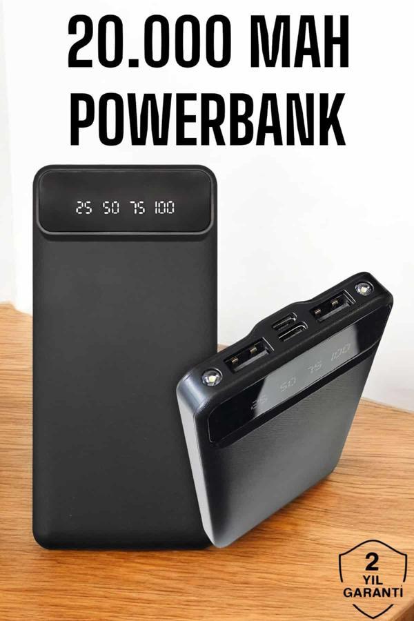 20.000 Mah Led Işıklı LCD Ekran USB Girişli Type-C Lightning Powerbank - Image 1