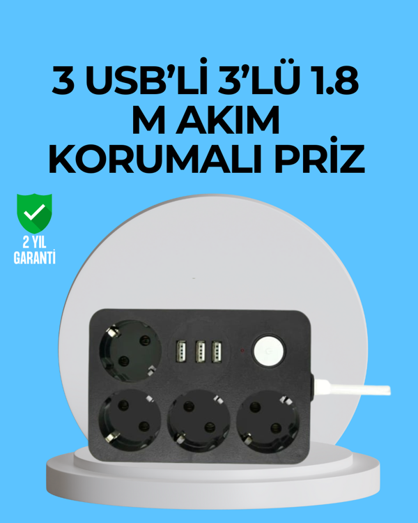 3 USB Çıkışlı 4’lü Akıllı Priz 2500W 2 Metre Kablo - Image 1
