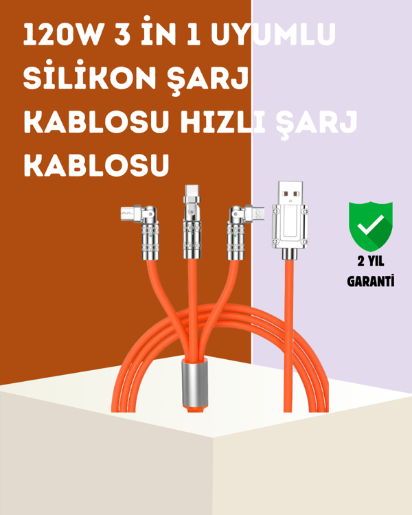 3’ü 1 Arada Kablo – 120W Hızlı Şarj ve Veri Aktarımı Özellikli - Image 1