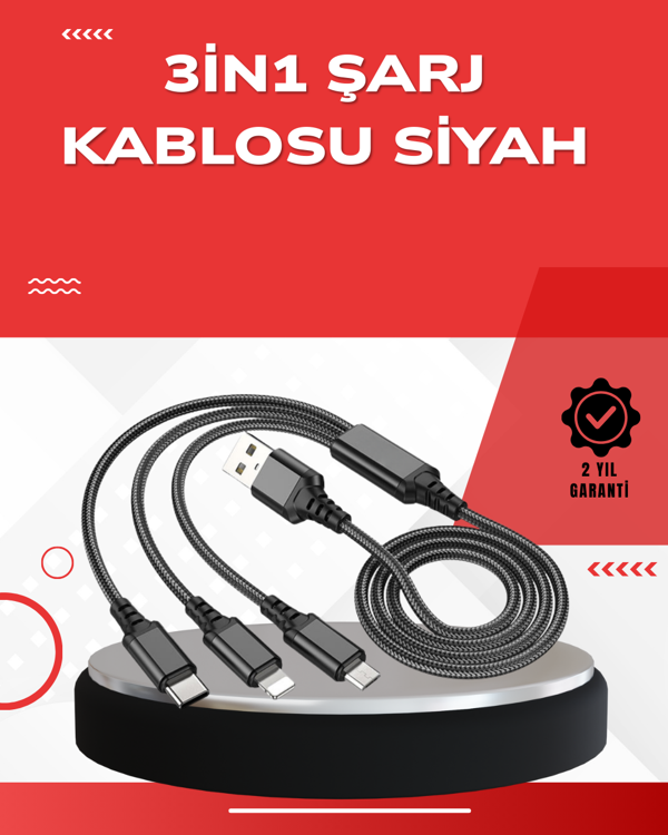 Dayanıklı Metal Başlıklı 3’ü 1 Arada Şarj Kablosu – Tüm Cihazlarla Uyumlu - Image 1