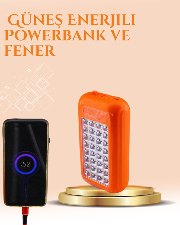 Gold Silver Güneş Enerjili Powerbank Işıldak – 10000 mAh, Taşınabilir, Suya Dayanıklı, 32 LED - Image 1