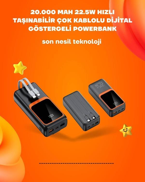 Powerbank 20000 mAh | 22.5W Hızlı Şarj, Dahili Kablolu, LCD Ekranlı Şarj Cihazı - Image 1