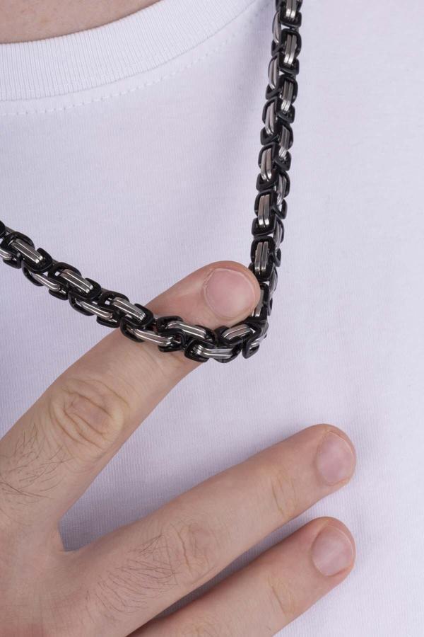 Gümüş Pazarım Çift Renkli Siyah Geçişli Çelik Erkek Kral Zincir Kolye - Image 1