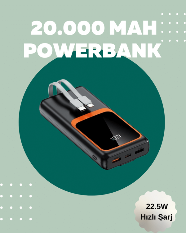 Dijital Ekranlı 20.000 mAh Powerbank | 22.5W Hızlı Şarj + Çoklu Bağlantı Seçeneği - Image 1