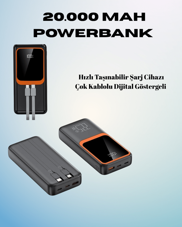 20000 mAh Powerbank | Çok Kablolu, Dijital Göstergeli, Yüksek Hızlı Şarj Cihazı - Image 1