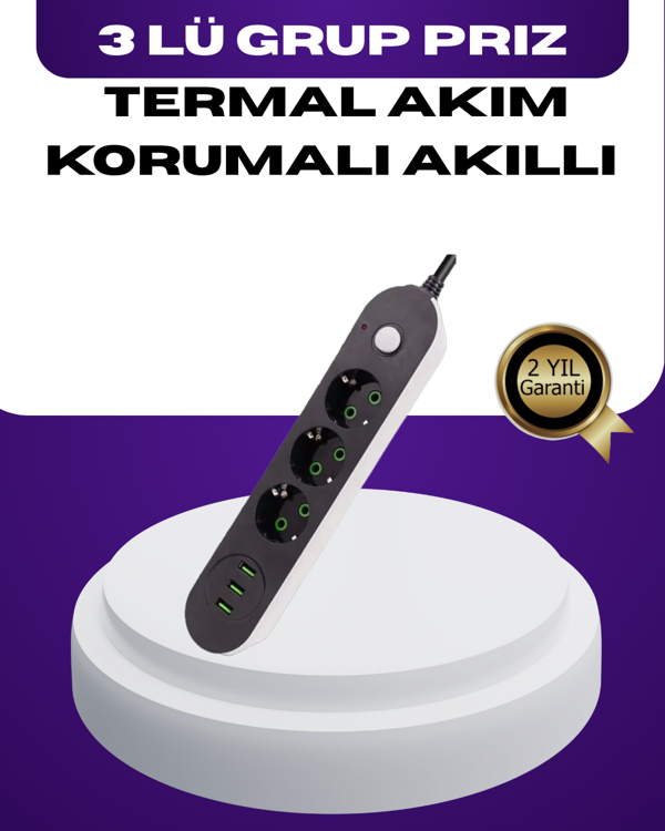 USB Yuvalı Anahtarlı Üçlü Priz 2 Metre Kablolu - Image 1