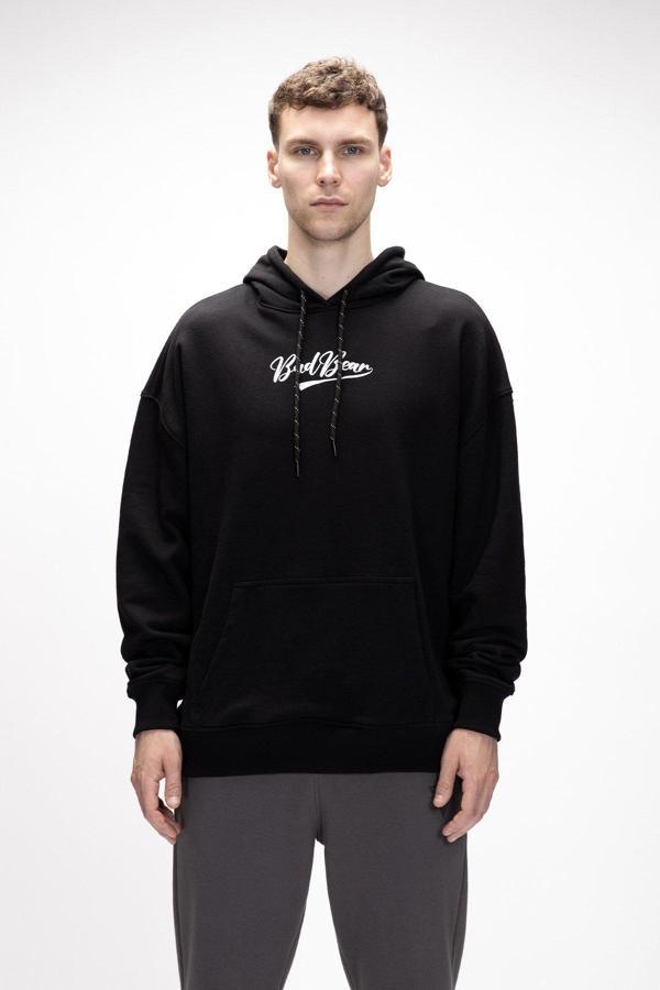 York Si̇yah Kapüşonlu Oversize Erkek Baskılı Sweatshirt - Image 1