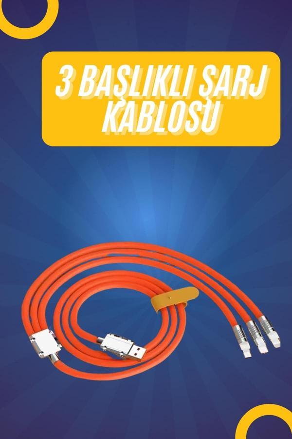 120W Silikon Metal Uçlu LED Işıklı 3 In1 Şarj Kablosu 1.2m - Image 1