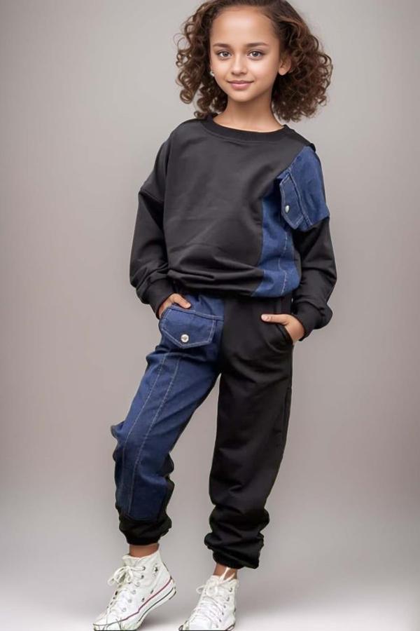 Kız Çocuk Kot Detaylı Cepli Aplike Siyah Eşofman Takım - Image 1