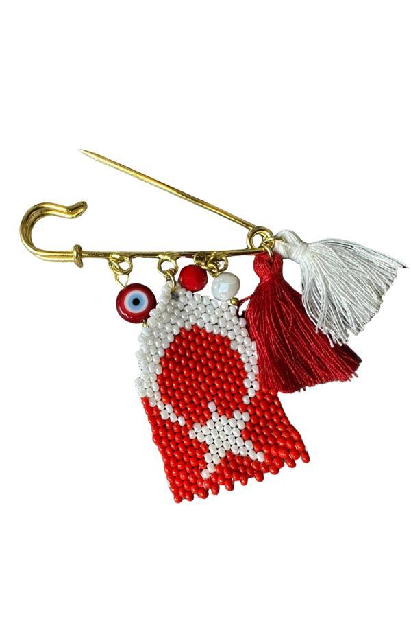 Uretti - Özlem 9422 1710 El Yapımı Türk Bayrağı Motifli Kum Boncuk Yaka İğnesi - Image 1