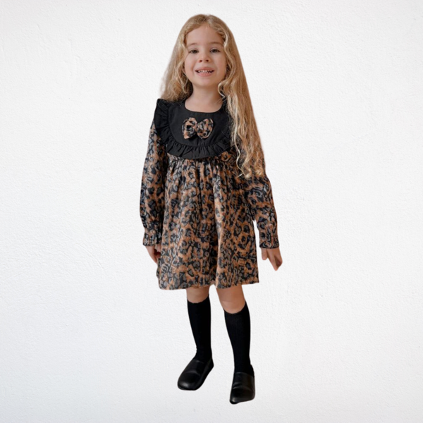 Leopar Desenli Fırfırlı Kız Çocuk Elbise – Siyah/Kahverengi - Image 1