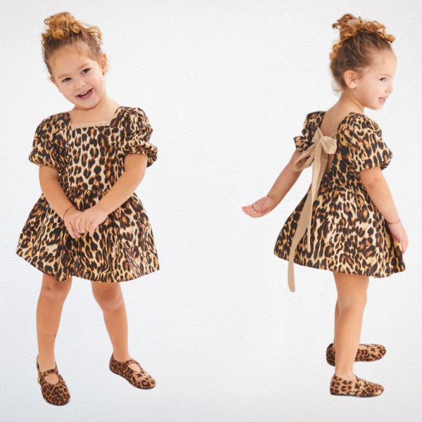 Leopar Desenli Kız Çocuk Elbisesi – Fiyonk Detaylı - Image 1