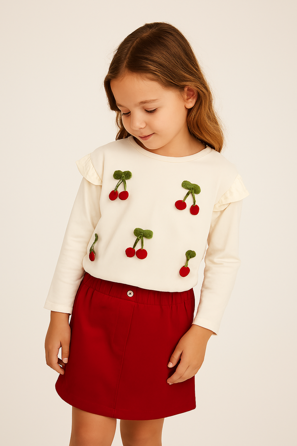 Kiraz İşlemeli Uzun Kollu Bluz ve Kırmızı Etekli Takım - Image 1