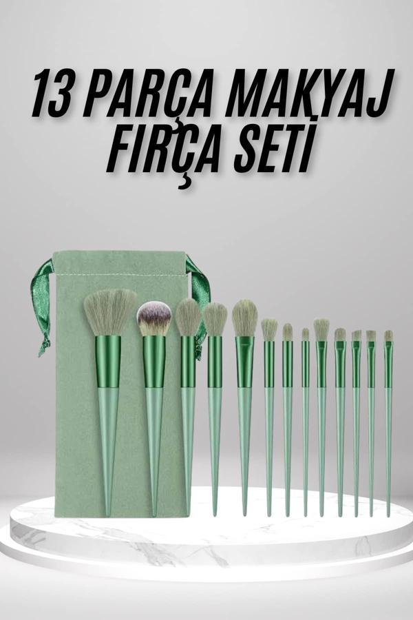 Makyaj Fırça Seti Yeşil 13 Parça Fondöten Fırçası Allık Fırçası Far Fırçası - Image 1