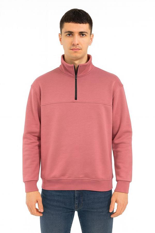 Unisex Relax Fit Rahat Kesim Pamuklu Yarım Fermuarlı Dik Yaka Sweatshirt - 7385 - Image 1