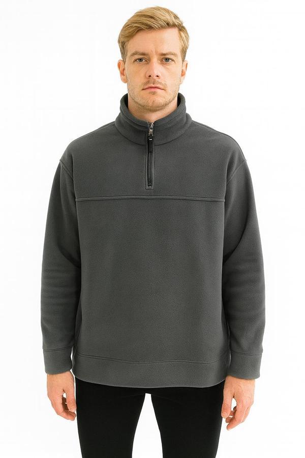 Unisex Relax Fit Rahat Kesim Polar Yarım Fermuarlı Dik Yaka Sweatshirt - 7387 - Image 1